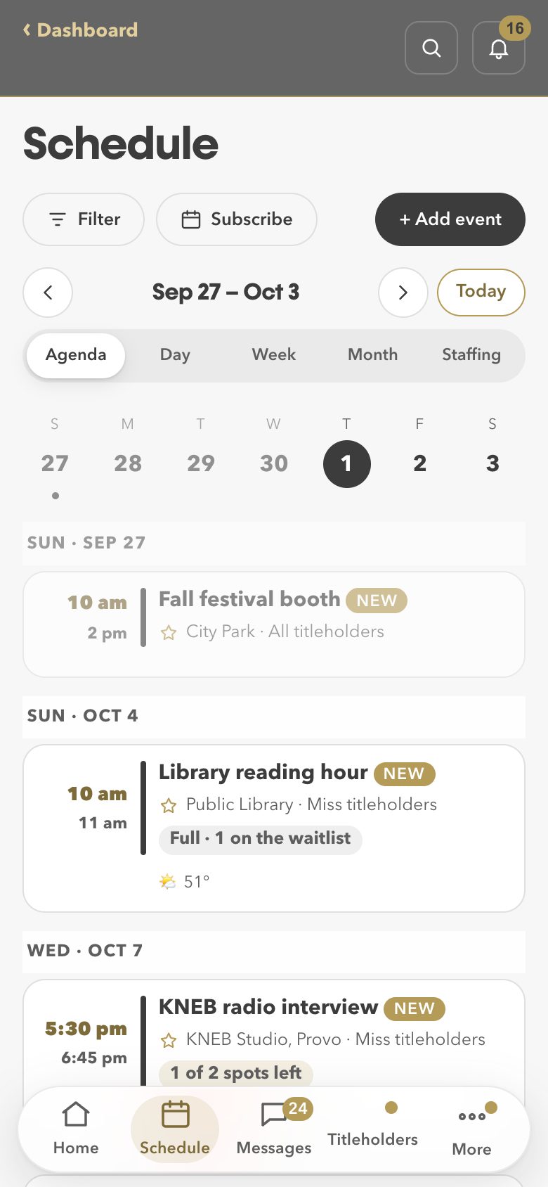 The schedule: events with who's going, spots left and the weather